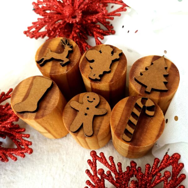 Christmas wooden dough stamps. Xmas stamps. The party Godmother. Christmas party supplies