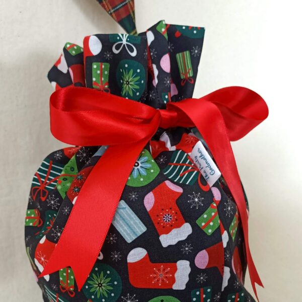 Christmas stocking reusable gift bag The party godmother. Christmas fabric gift bag