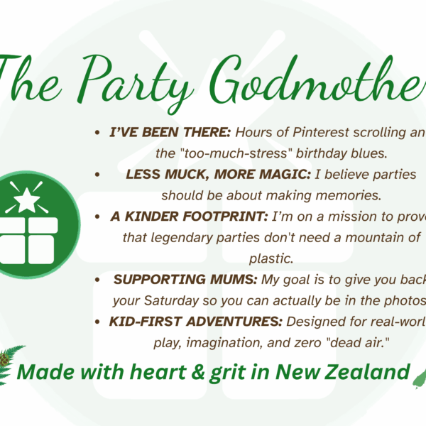 The Party Godmother logo is of light opacity in the background. The Party Godmother title is green and in a dancing script font. The Party Godmother logo is in full color to one side. Text bullet points include about: I've been there, less muck, more magic, a kinder footprint, supporting mums, kid-first adventures. The text further explains these ideas. At the bottom in green text it says Made with heart and grit in New Zealand. An image of a silver fern and New Zealand either side of this text.