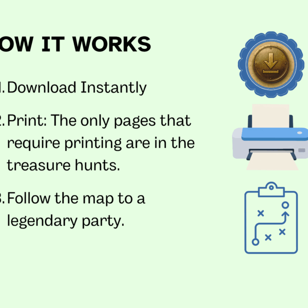 The slide is light mint green. The text reads: How it works. 1. Download instantly. 2. Print: The only pages that require printing are in the treasure hunts. 3. Follow the map to a legendary party. There are 3 images of a download button, a printer and a map on a clipboard. Suggesting that it is easy to download, print and follow the playbooks instructions.