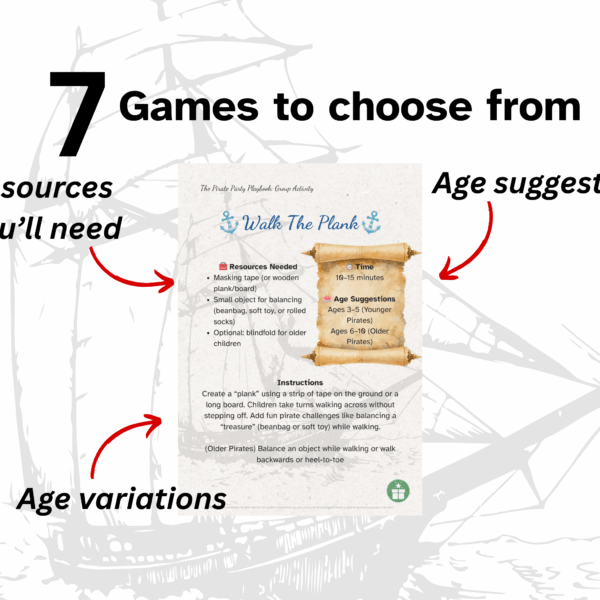 A light colored ship is covering a white colored background. Teaxt is overlaid. 7 Games to choose from. Resources you'll need. Age suggestions. Age variations. An image of the walk the plank game page is in the middle of the page. Games suggest a Pirate Scavenger Hunt