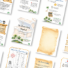 A series of page examples from The Pirate Party Playbook are displayed next to each other on a white background. One of the images is an old scroll. Other pages show pieces of pages including games, clues, how to run a treasure hunt, pirate party timeline and the menu ideas.