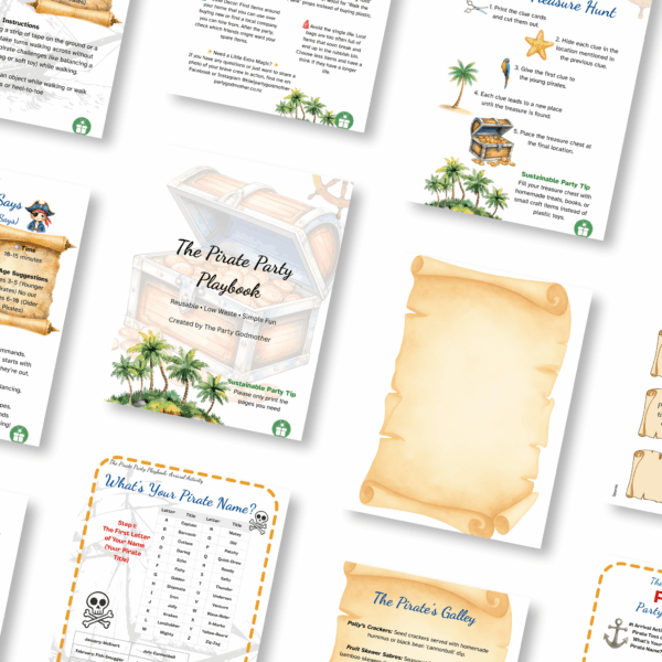 A series of page examples from The Pirate Party Playbook are displayed next to each other on a white background. One of the images is an old scroll. Other pages show pieces of pages including games, clues, how to run a treasure hunt, pirate party timeline and the menu ideas.