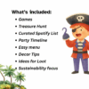 A water color child pirate and island with trees graphics are on a white background. The text says: What's included and the bullet points include: Games, Treasure hunt, curated Spotify list, party timeline, easy menu, decor tips, ideas for look, sustainable focus.