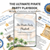 An image of the ultimate Pirate Party Playbook on a tablet screen sitting on examples of pages that are included: How to run a Pirate Treasure Hunt and Captain Says games. There is a badge to say PDF download, a badge saying ages 3-10 and The Party Godmother logo.