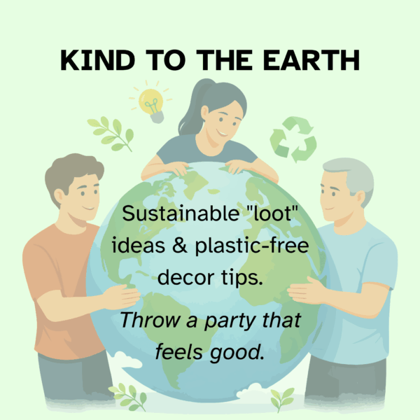 The background is light mint green. The image is of 3 people standing around and holding an earth. Recycling and leaf images surround them. The text reads: Kind to the Earth. Sustainable "loot" ideas and plastic free decor tips. Throw a party that feels good.