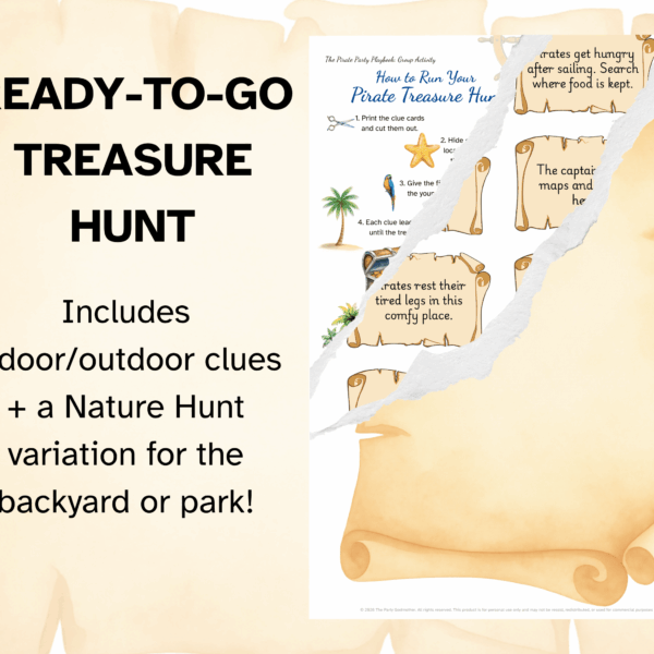 An image of a scroll sets the background for this page. 3 overlay pages look torn but give glimpses of three of the pages in the playbook: A blank treasure map, scavenger hunt clues, instructions for how to run a treasure hunt. The text beside it reads: Ready-to-go Treasure Hunt. Includes: indoor/outdoor clues and a Nature Hunt variation for the backyard of park!