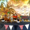 A pirate party table set up with black table cloth, skeletons, gold and plates