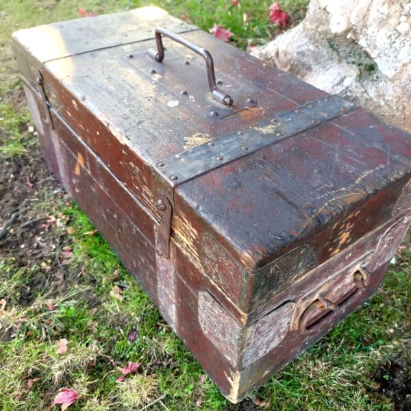 A wooden treasure chest sits closed on the grass.