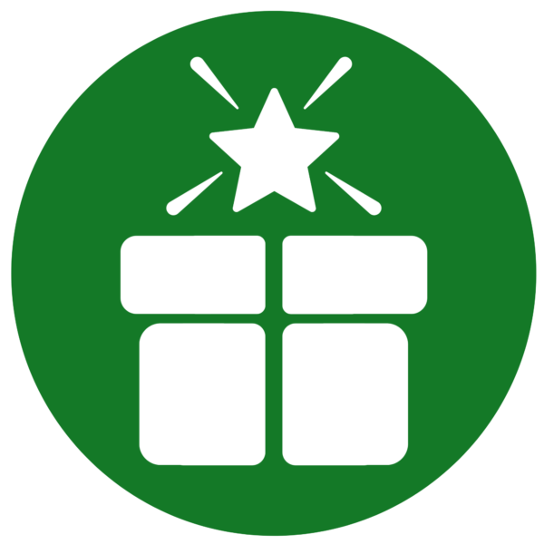 The Party Godmother logo. It is a green circle with an image in white on top of a present and a shining star instead of a bow.