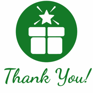 The Party Godmother logo. It is a green circle with an image in white on top of a present and a shining star instead of a bow.